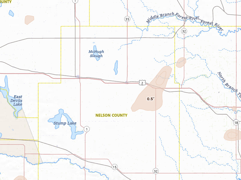 Radar-estimated hail-size map of the storm over Michigan, ND on Jul 30, 2026