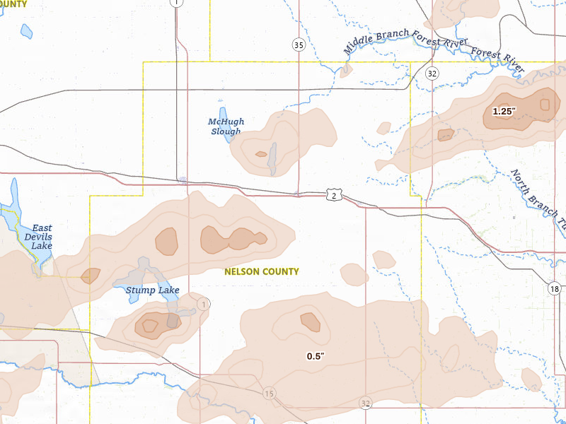Radar-estimated hail-size map of the storm over Michigan, ND