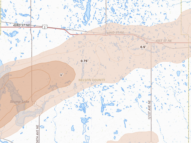 Radar-estimated hail-size map of the storm over Michigan, ND on Aug 24, 2026