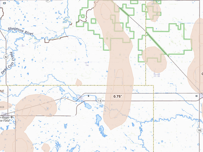 Radar-estimated hail-size map of the storm over Milnor, ND on Jun 9, 2026