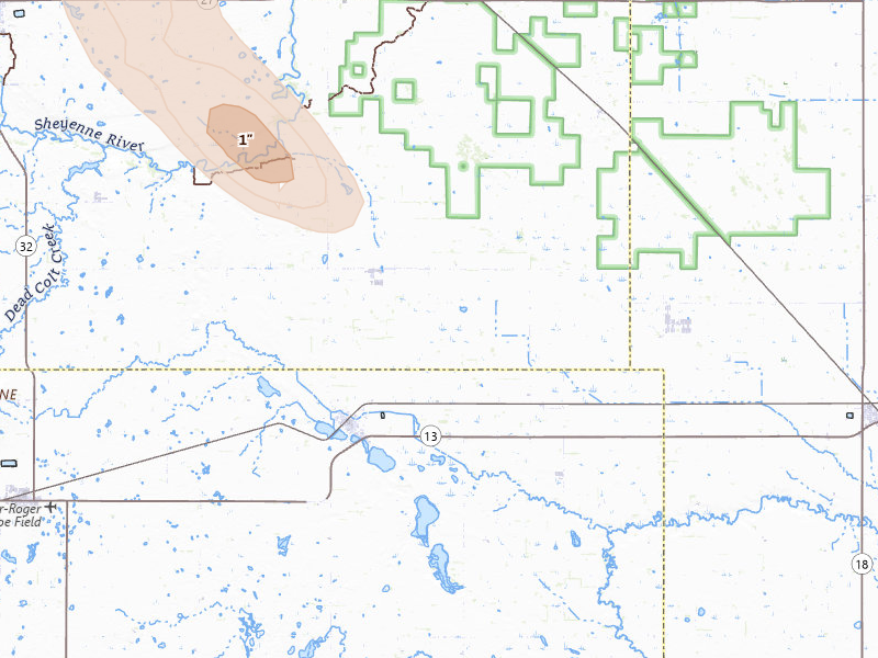 Radar-estimated hail-size map of the storm over Milnor, ND on Jul 6, 2026