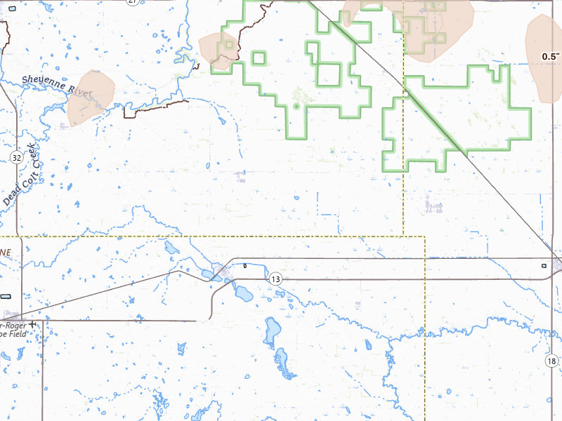 Radar-estimated hail-size map of the storm over Milnor, ND on Jul 30, 2026