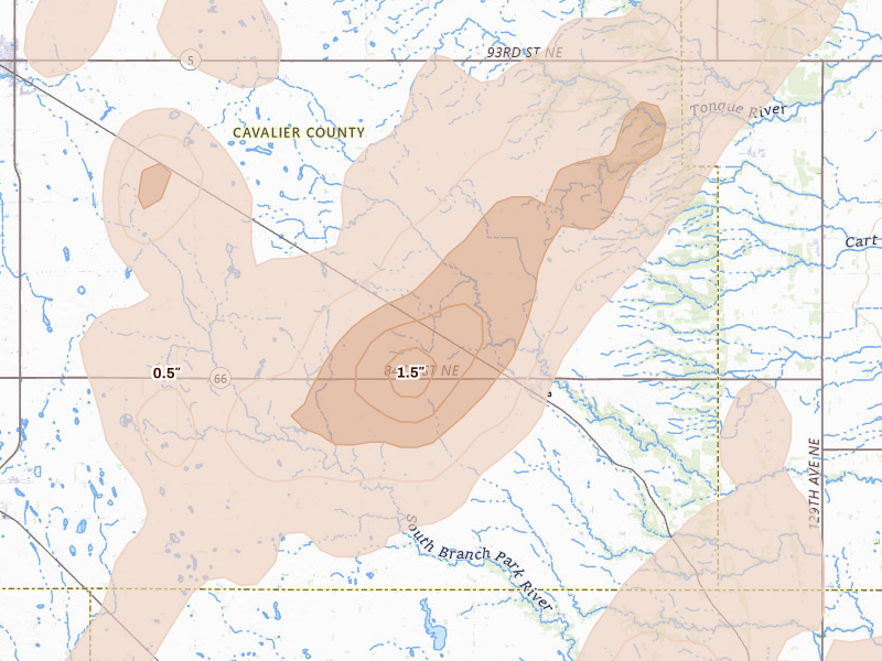 Radar-estimated hail-size map of the storm over Milton, ND on Jun 2, 2026