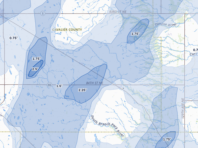 NEXRAD radar-signature map of the hail over Milton, ND