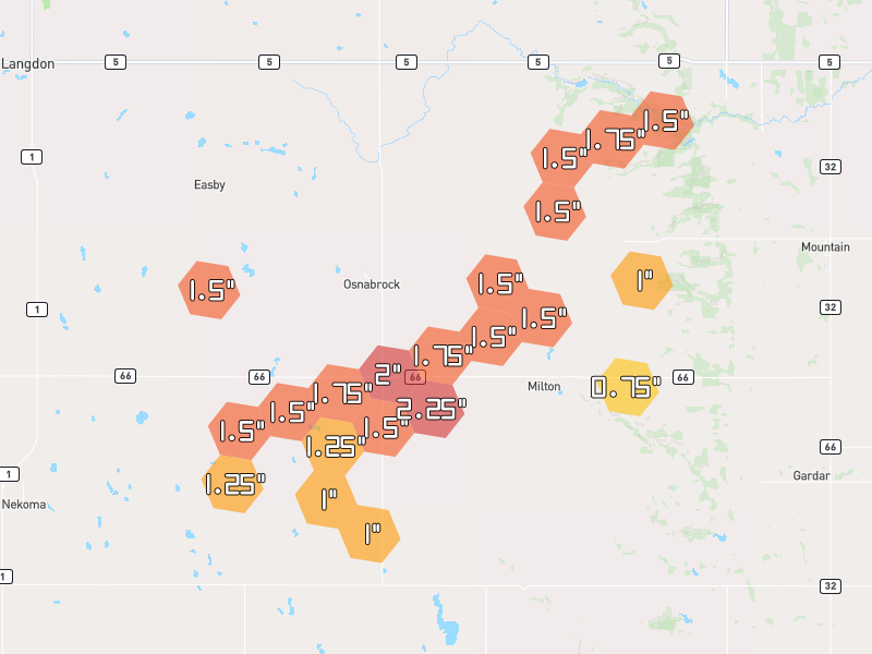 Hail map of Milton, ND on Jun 2, 2026, hail up to 2.25"