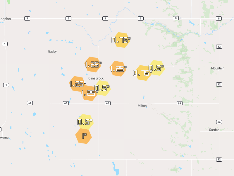 Hail map of Milton, ND on Jun 3, 2026, hail up to 1.25"