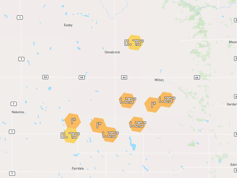 Hail map of Milton, ND on Jun 29, 2026, hail up to 1.25"