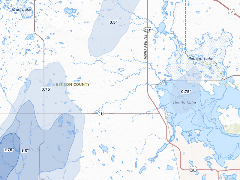 NEXRAD radar-signature map of the hail over Minnewaukan, ND