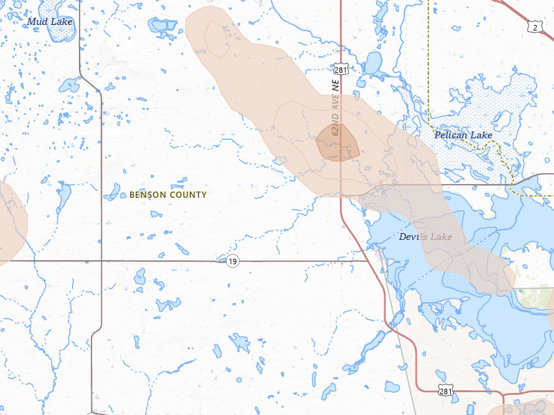 Radar-estimated hail-size map of the storm over Minnewaukan, ND on Jul 9, 2026