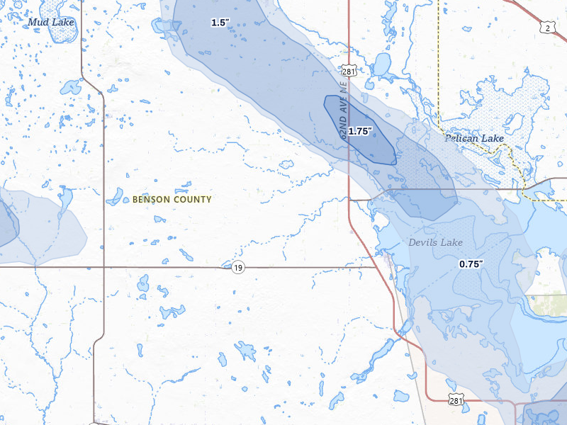 NEXRAD radar-signature map of the hail storm over Minnewaukan, ND on Jul 9, 2026