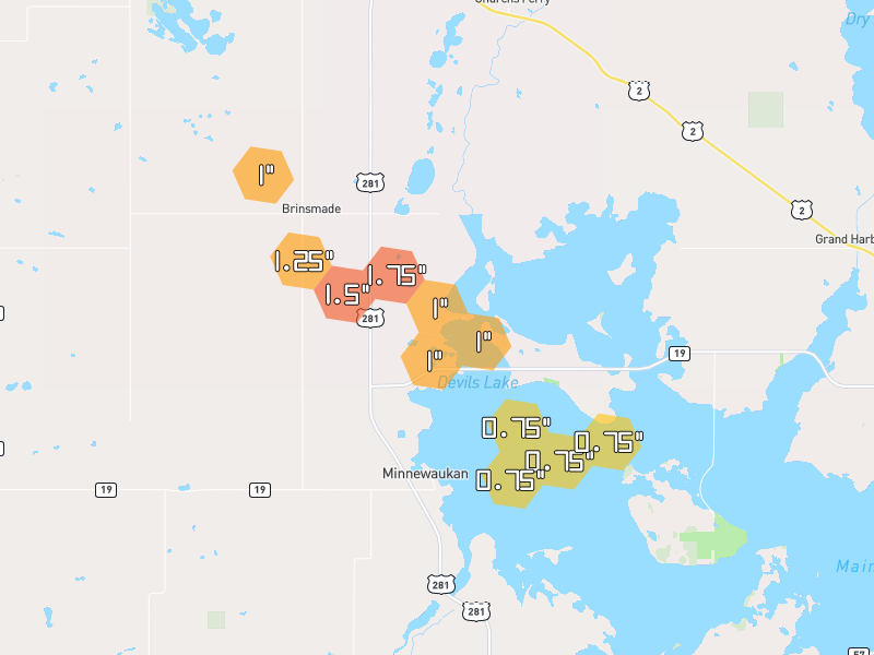 Hail map of Minnewaukan, ND on Jul 9, 2026, hail up to 1.75"