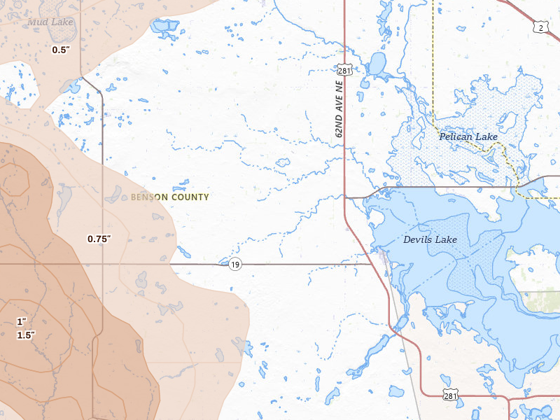 Radar-estimated hail-size map of the storm over Minnewaukan, ND on Jul 16, 2026