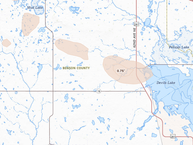 Radar-estimated hail-size map of the storm over Minnewaukan, ND on Aug 23, 2026
