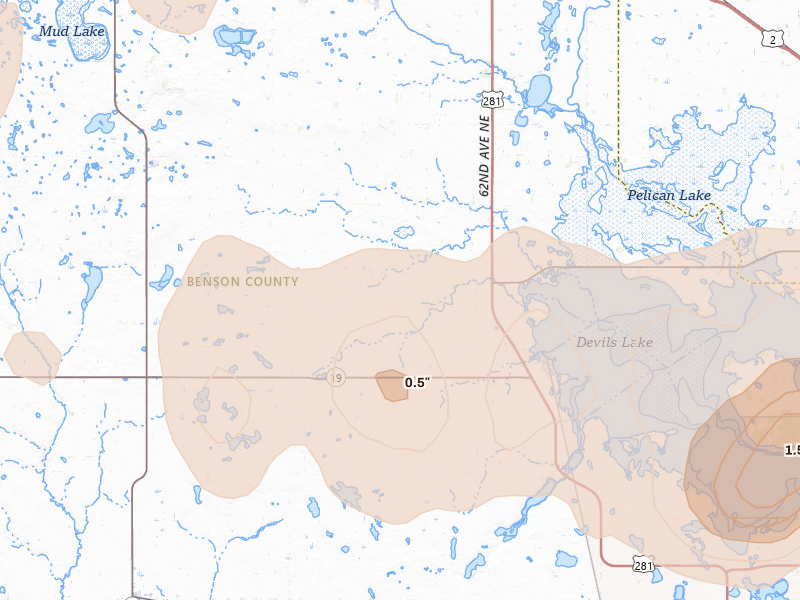Radar-estimated hail-size map of the storm over Minnewaukan, ND on Sep 3, 2026