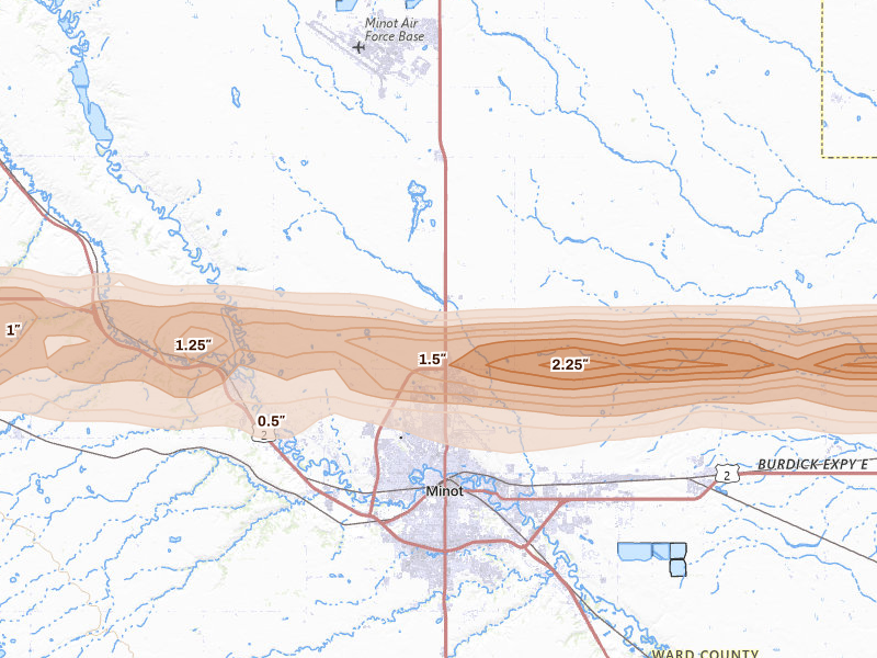 Radar-estimated hail-size map of the storm over Minot, ND