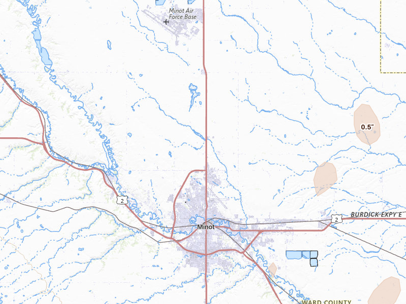 Radar-estimated hail-size map of the storm over Minot, ND on Jun 2, 2026