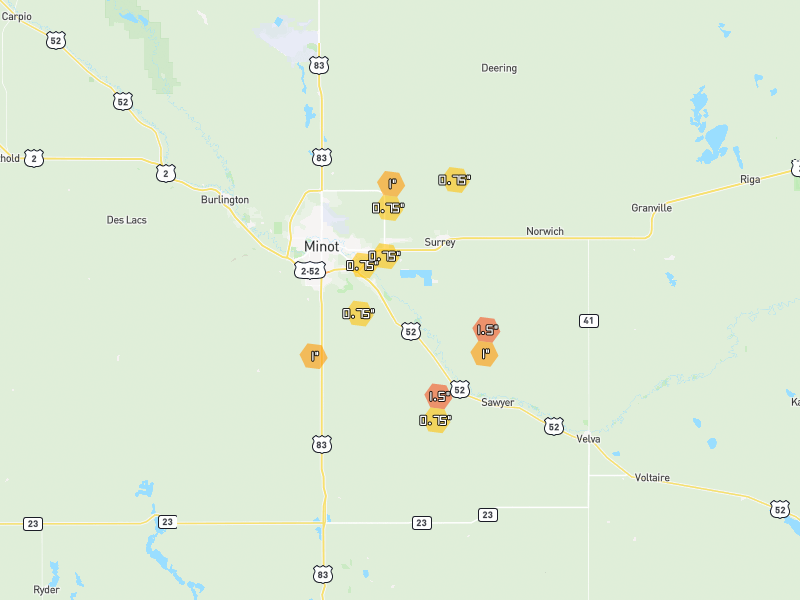 Hail map of Minot, ND on Jun 2, 2026, hail up to 1.5"