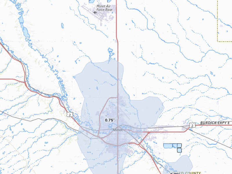 NEXRAD radar-signature map of the hail storm over Minot, ND on Jun 9, 2026