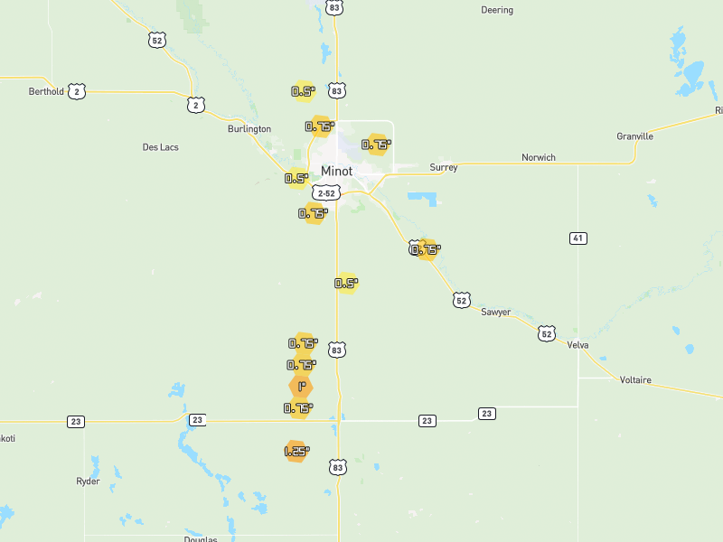Hail map of Minot, ND on Jun 9, 2026, hail up to 1.25"