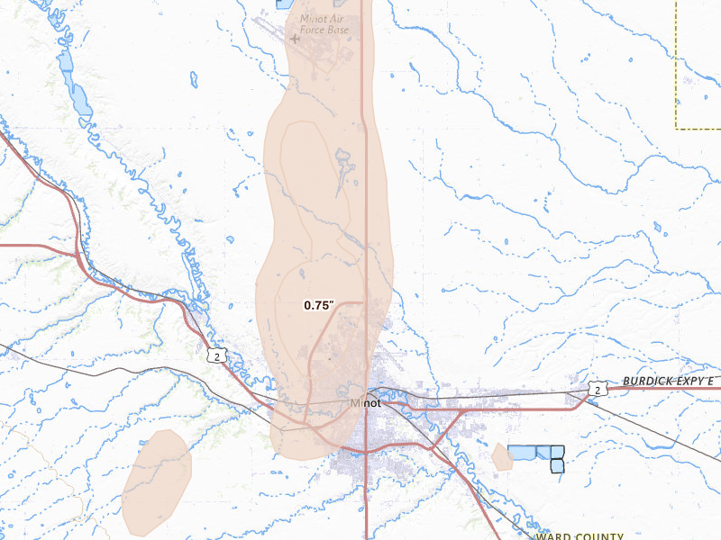 Radar-estimated hail-size map of the storm over Minot, ND on Jun 28, 2026