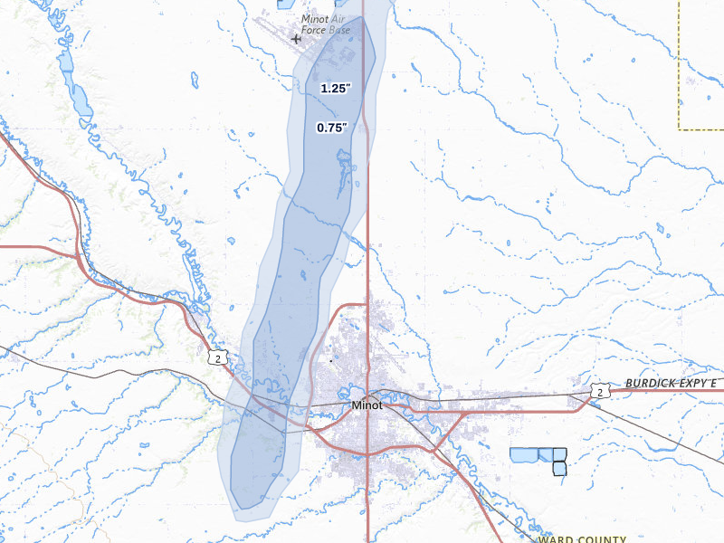 NEXRAD radar-signature map of the hail storm over Minot, ND on Jun 28, 2026
