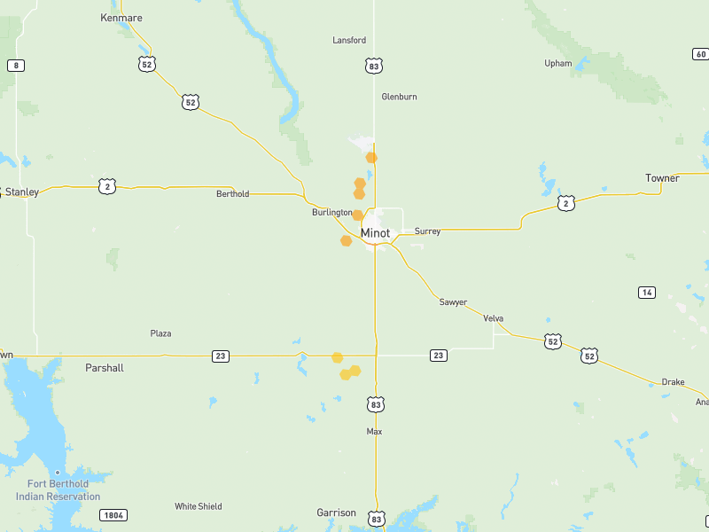 Hail map of Minot, ND on Jun 29, 2026, hail up to 1.25"
