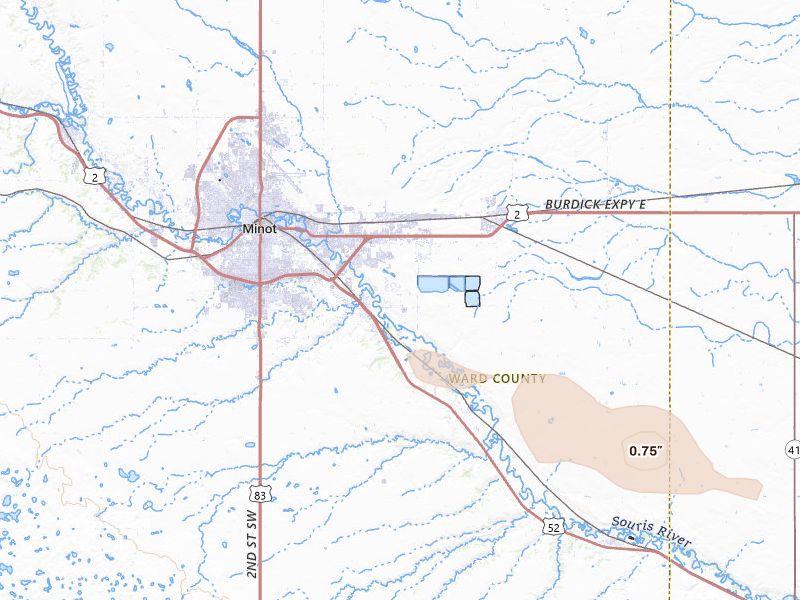 Radar-estimated hail-size map of the storm over Minot, ND on Aug 10, 2026
