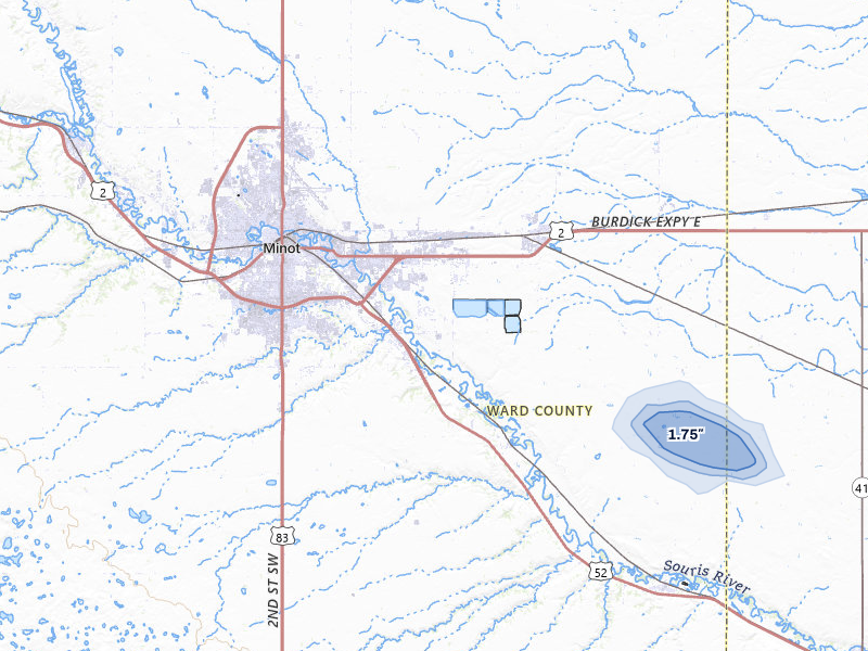 NEXRAD radar-signature map of the hail storm over Minot, ND on Aug 10, 2026