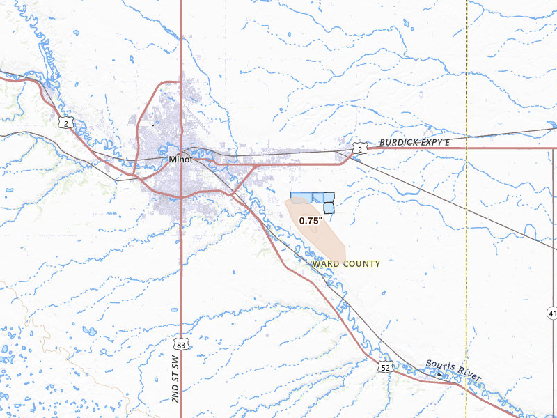 Radar-estimated hail-size map of the storm over Minot, ND on Aug 30, 2026