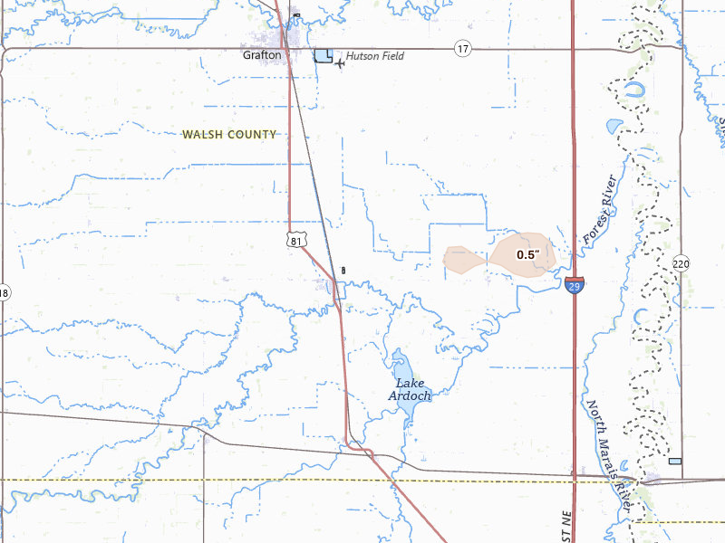 Radar-estimated hail-size map of the storm over Minto, ND on Jun 15, 2026
