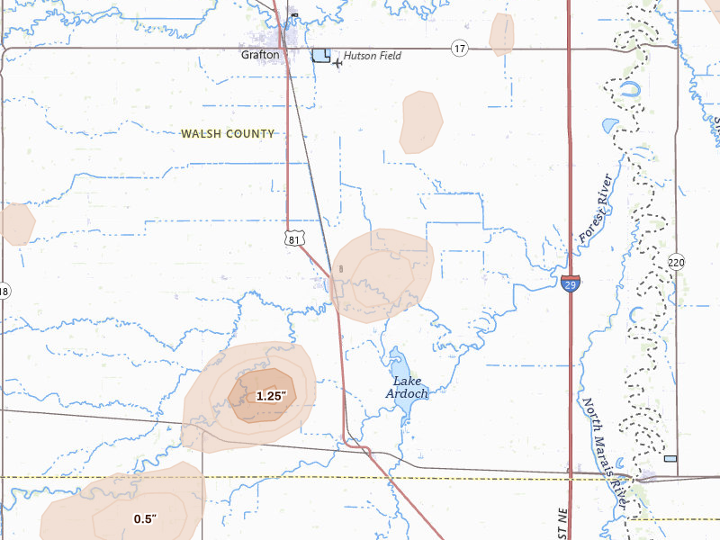Radar-estimated hail-size map of the storm over Minto, ND on Jun 29, 2026