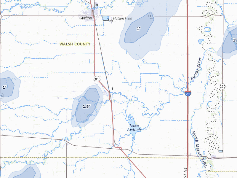 NEXRAD radar-signature map of the hail storm over Minto, ND on Jun 29, 2026