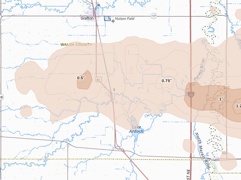 Radar-estimated hail-size map of the storm over Minto, ND on Jul 24, 2026