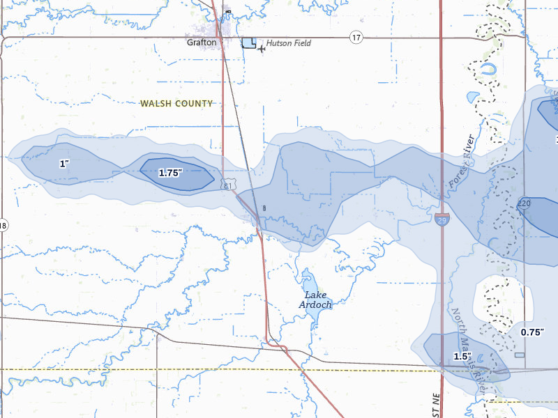 NEXRAD radar-signature map of the hail storm over Minto, ND on Jul 24, 2026