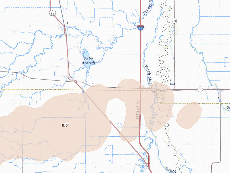 Radar-estimated hail-size map of the storm over Minto, ND on Aug 24, 2026