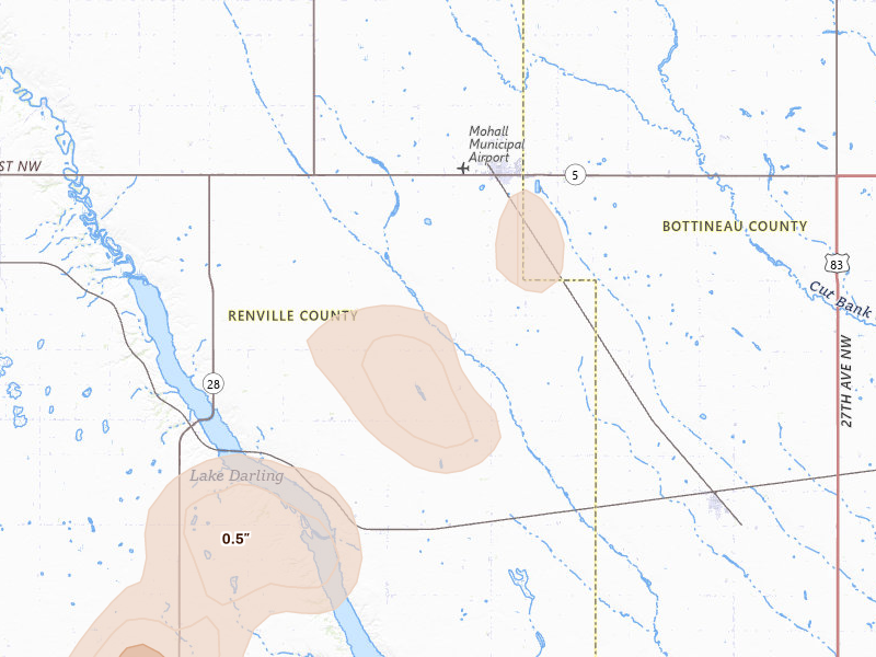 Radar-estimated hail-size map of the storm over Mohall, ND on Jun 6, 2026