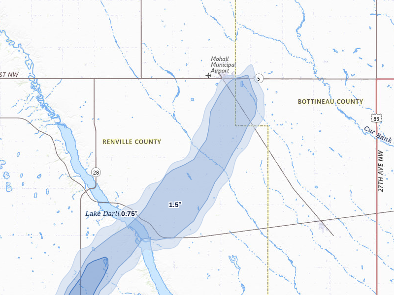 NEXRAD radar-signature map of the hail storm over Mohall, ND on Jun 6, 2026