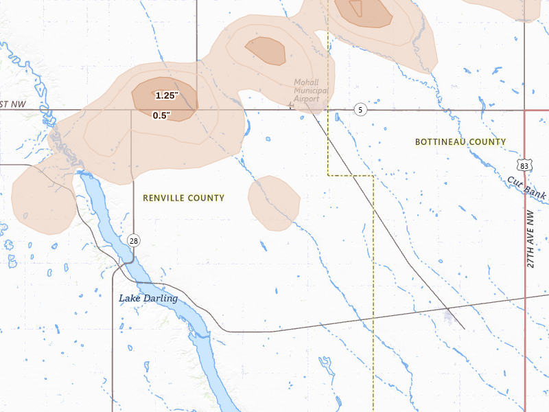 Radar-estimated hail-size map of the storm over Mohall, ND on Jul 5, 2026