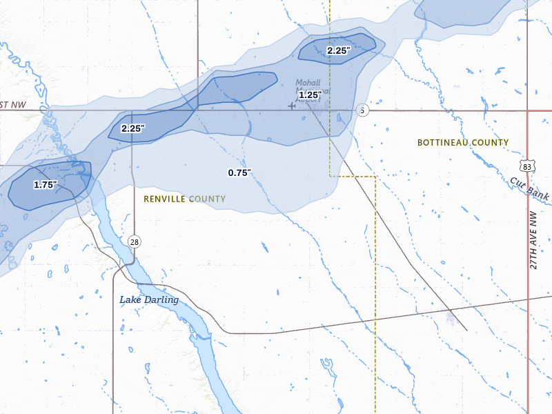 NEXRAD radar-signature map of the hail storm over Mohall, ND on Jul 5, 2026