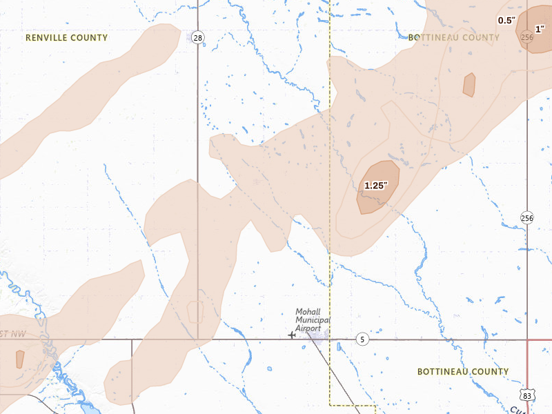 Radar-estimated hail-size map of the storm over Mohall, ND