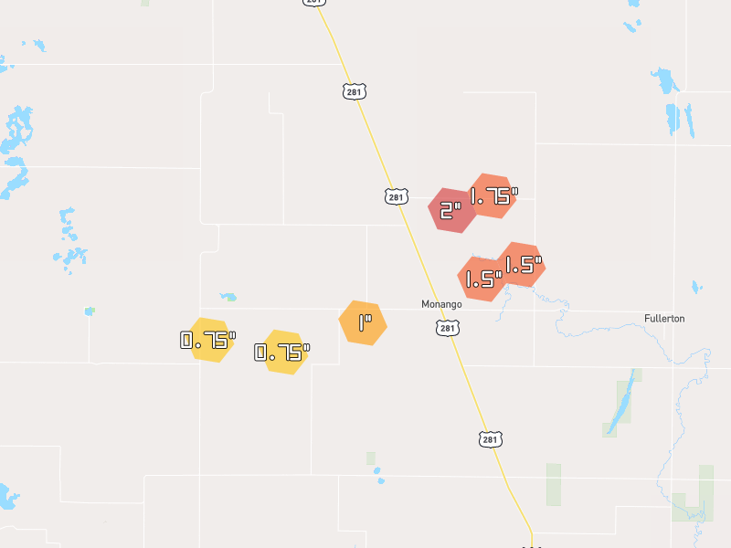 Hail map of Monango, ND on Jul 10, 2026, hail up to 2"