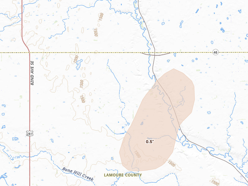Radar-estimated hail-size map of the storm over Montpelier, ND on Jun 2, 2026