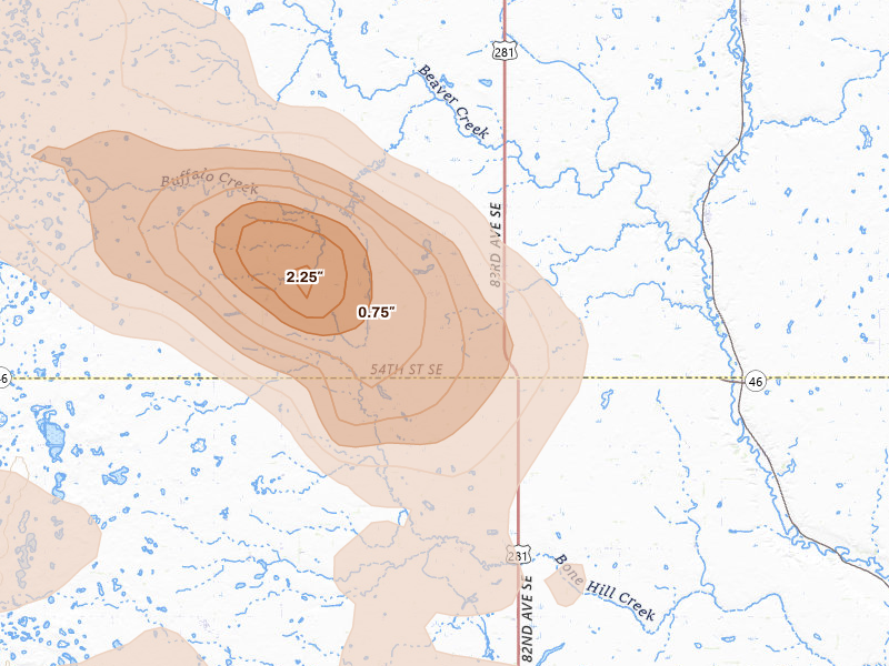 Radar-estimated hail-size map of the storm over Montpelier, ND on Aug 24, 2026