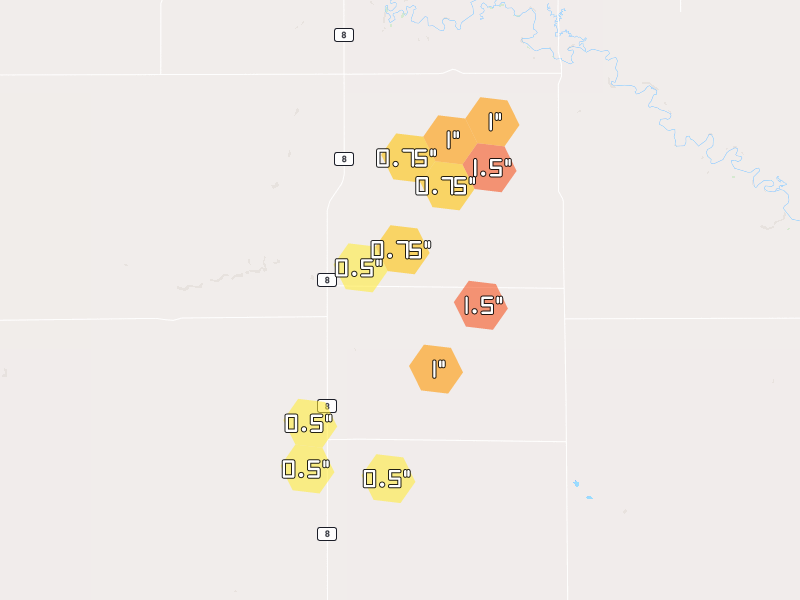 Hail map of Mott, ND on Jun 9, 2026, hail up to 1.5"