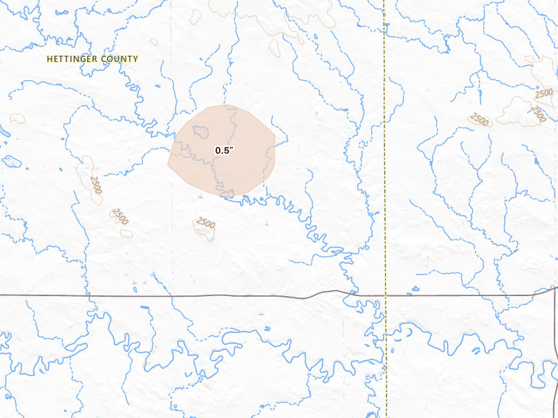 Radar-estimated hail-size map of the storm over Mott, ND on Jun 29, 2026