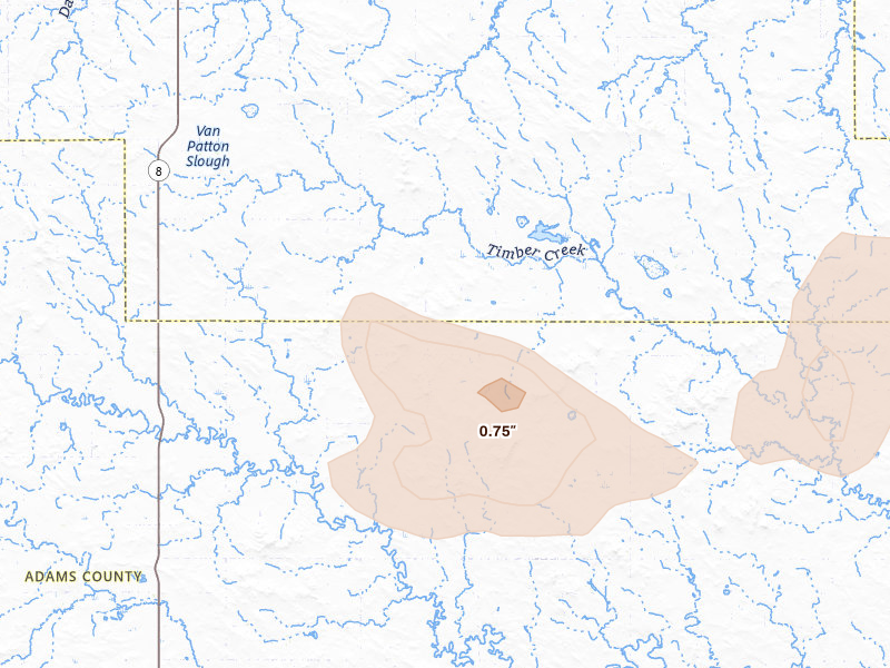 Radar-estimated hail-size map of the storm over Mott, ND on Jul 9, 2026