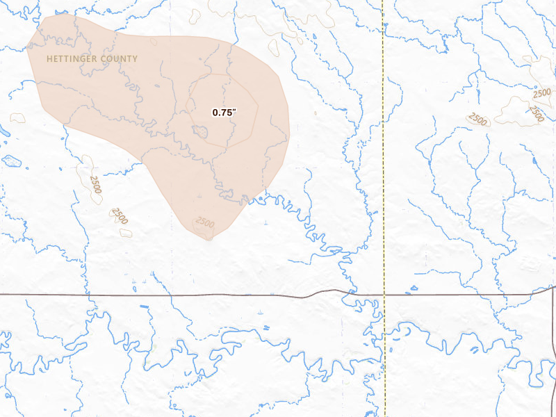 Radar-estimated hail-size map of the storm over Mott, ND on Jul 29, 2026