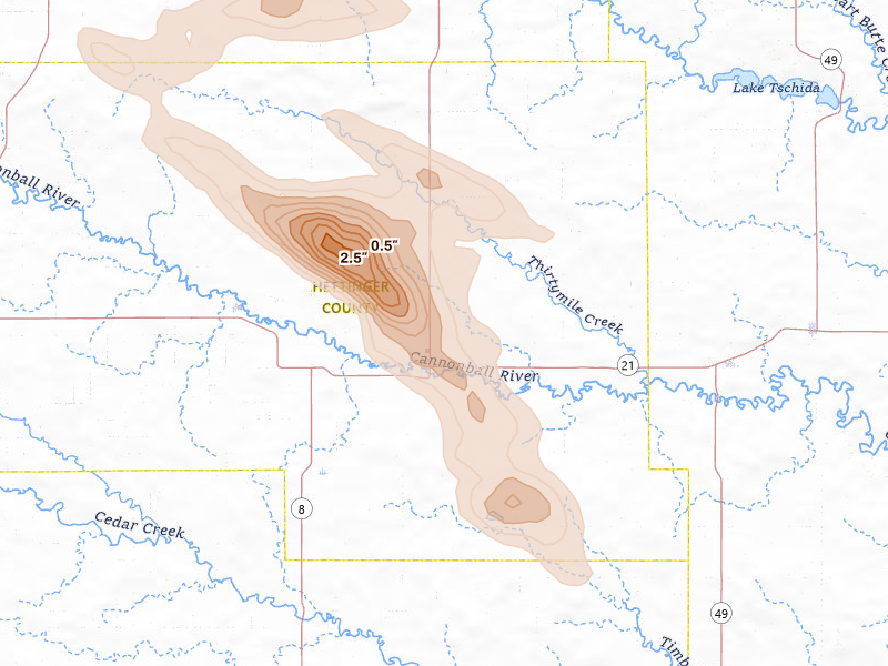 Radar-estimated hail-size map of the storm over Mott, ND on Aug 10, 2026