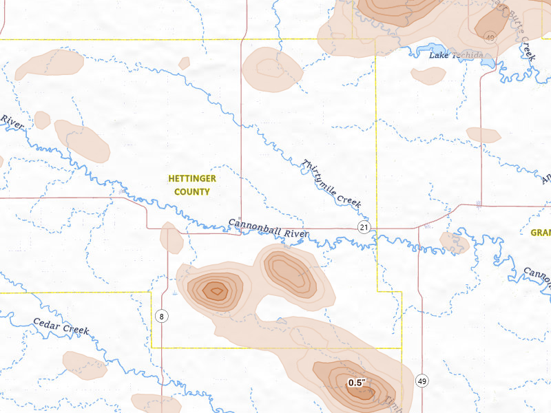Radar-estimated hail-size map of the storm over Mott, ND on Aug 11, 2026