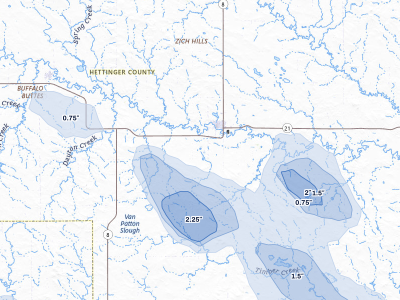 NEXRAD radar-signature map of the hail storm over Mott, ND on Aug 11, 2026